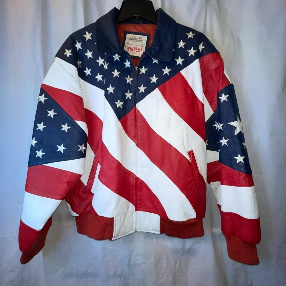 Michael Hoban WhereMI USA Leather Motorcycle Jacket – American Flag – Size L